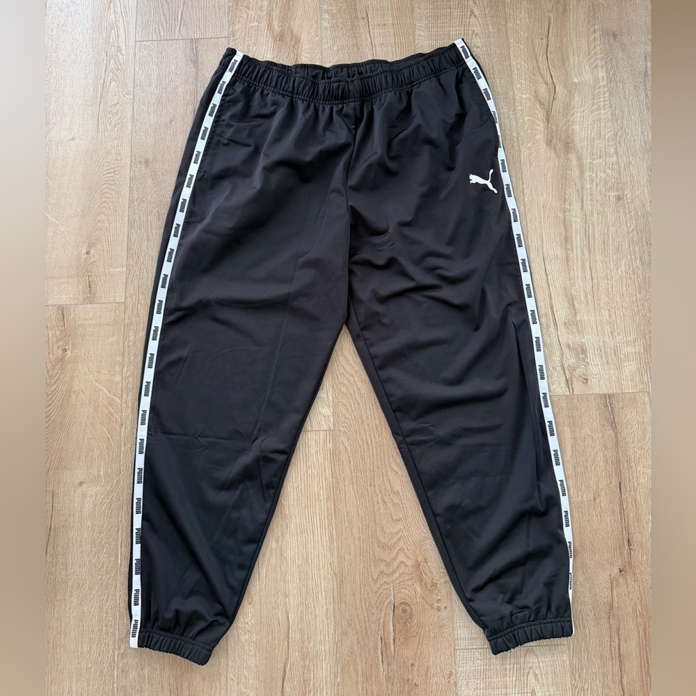Puma Logo Tape Track Pants Black White Side Stripe Joggers Athletic
